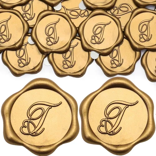 Miniatura 11 de SWANGSA Paquete de 50 calcomanías de sello de cera de letra A, diseño de corazón dorado antiguo, calcomanías de cera inicial para boda, fiesta