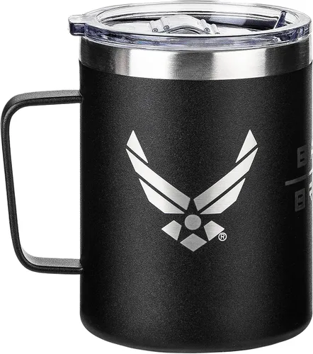 Miniatura 3 de Military Gift Shop Vaso Térmico de Café de Viaje de la Fuerza Aérea de Acero Inoxidable con Aislamiento al Vacío de Doble Pared Negro de 12 Onzas