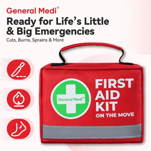 Miniatura 5 de General Medi Botiquín de primeros auxilios - 150 piezas pequeño y compacto. Incluye paquete frío instantáneo, manta de emergencia para viajes