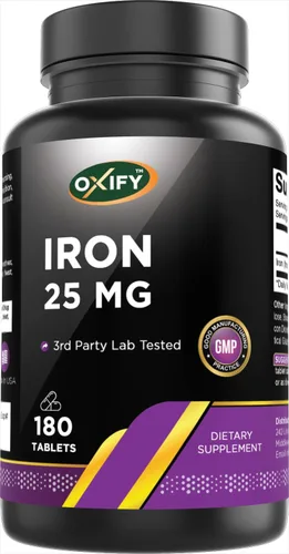 Oxify Hierro 25 mg | 180 comprimidos | Sin gluten, sin OMG | Suplemento fabricado en Estados Unidos