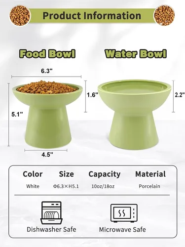 Miniatura 2 de LoeJan Juego de cuencos elevados de comida y agua para gatos, comedero de cerámica extra ancho y elevado, cuenco de alimentación a presión Verde
