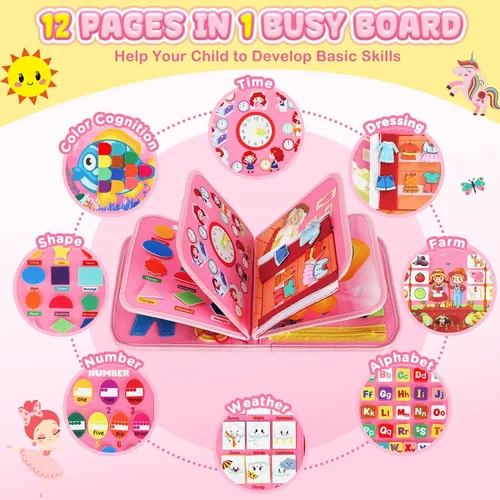 Miniatura 2 de URMYWO Tablero de actividades Montessori para niños de 1, 2, 3, 4 años, libro ocupado para actividades para niños con habilidades motoras finas, Rosa