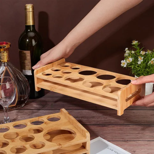 Miniatura 3 de NBEADS Soporte para 12 bandejas de vidrio de chupito, estante de madera de bambú para copas de vino de cerveza, estante organizador de copas