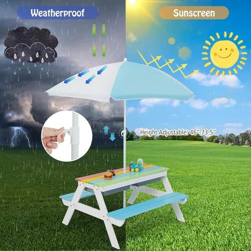 Miniatura 7 de HONEY JOY Mesa de picnic para niños, mesa de madera de cedro 4 en 1 para arena y agua con 2 cajas extraíbles y paraguas, mesas de picnic para niños