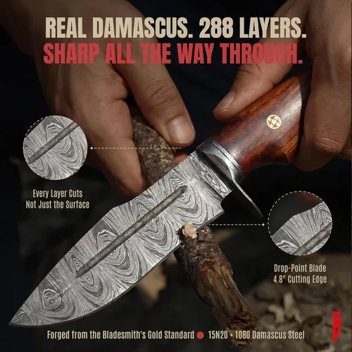 Miniatura 5 de BIGCAT ROAR Beast Hunter - Cuchillo de caza de hoja fija de acero de Damasco hecho a mano de 10" - Mango de madera de nogal y funda de cuero
