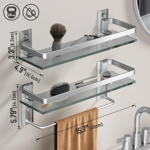 Miniatura 3 de Danpoo Estantes de baño montados en la pared, estante de vidrio templado transparente con toallero, soporte para toallas de mano (plata mate)