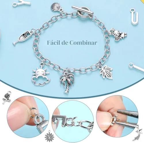 Miniatura 3 de Highergo Juego de 469 pulseras de plata con dijes, juego de pulseras de bricolaje, pulseras de cadena con clip de papel, dijes del alfabeto