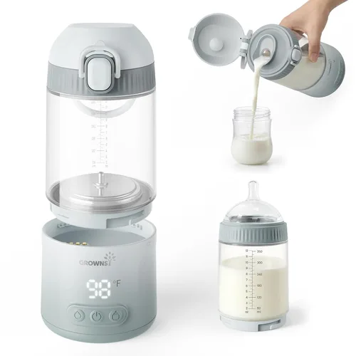 Grownsy Calentador de botellas portátil desmontable para viajes sobre la marcha, calentador de leche todo en uno con pezón, modos de calentamiento