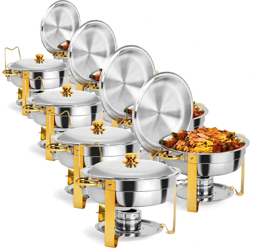 Miniatura 10 de ROVSUN Platos dorados para bufé, juego de 2 platos redondos de acero inoxidable de 6 cuartos de galón con soporte para tapa, juego de calentador