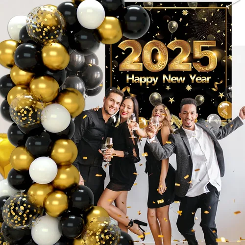 Miniatura 8 de Suministros para fiesta de Año Nuevo 2025, decoraciones de Año Nuevo, globos de confeti negro y dorado, kit de arco de guirnalda de globos de feliz