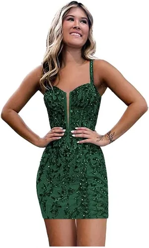 Vestidos ajustados de encaje de lentejuelas para adolescentes, tirantes delgados, cuello en V, vestido corto de graduación, mini vestido de cóctel