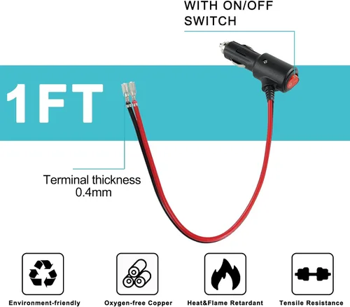 Miniatura 9 de SPARKING Enchufe de Encendedor de Cigarrillos con Fusible de 12V con Interruptor – 6 pies 16AWG con Fusible 15 amperios Enchufe Macho de Repuesto