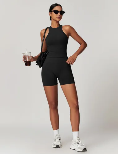 Miniatura 28 de Conjuntos de entrenamiento para mujer, 2 piezas, sin costuras, acanalada, sin mangas, brasier deportivo, cintura alta, pantalones cortos