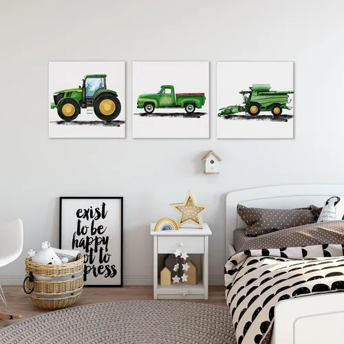 Miniatura 4 de Juego de 3 cuadros enmarcados para decoración de pared de tractores y viejos camiones de granja, cuadros en lienzo, cuadros para el hogar, niños