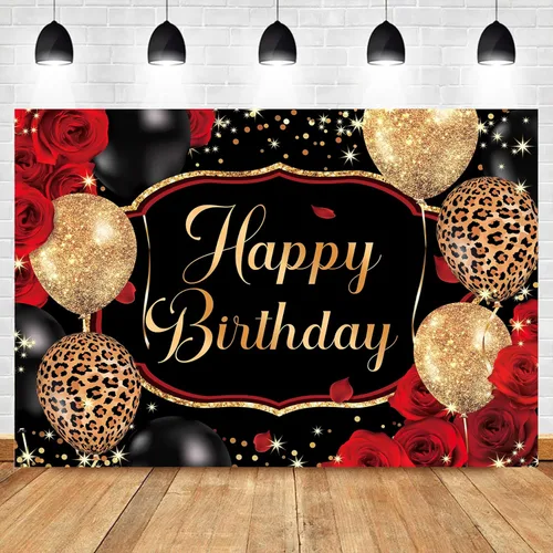 Miniatura 24 de Telón de fondo de feliz cumpleaños negro y rosa de 7 pulgadas de ancho x 5 pies de alto, tela de poliéster, globos de lazo femenino, pastel