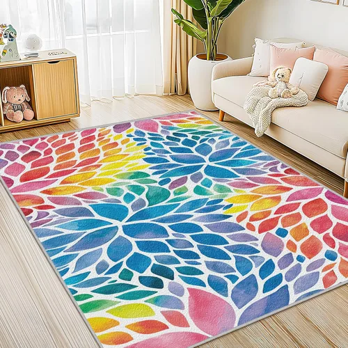 Miniatura 9 de Alfombra abstracta de arco iris pequeña de 2 x 3 pulgadas, alfombra de entrada colorida de dalia multicolor, tapete antideslizante y lavable a