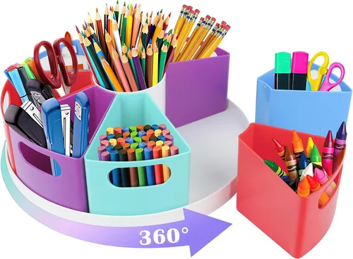 Organizador de suministros de arte giratorio para niños, organizador de 9 cubos de marcadores de crayón para escritorio escolar, soporte para