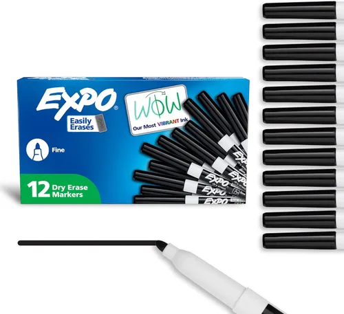 EXPO Marcadores de borrado en seco, tinta de bajo olor, negro, punta fina, 12 unidades, pizarra blanca, calendario, organización, suministros