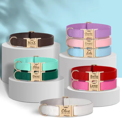Miniatura 7 de PET ARTIST Collares de perro personalizados, collar de perro rosa grabado personalizado con etiqueta de nombre silenciosa, hebilla dorada
