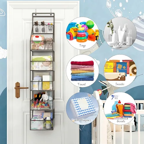 Miniatura 5 de Fixwal Organizador colgante de despensa con 6 estantes para colgar sobre la puerta, con bolsillos de plástico transparente detrás de la puerta