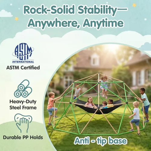 Miniatura 6 de Gardenature Cúpula de escalada de 13 pies con hamaca y columpio, gimnasio de selva al aire libre para niños, cúpula geométrica que soporta 880