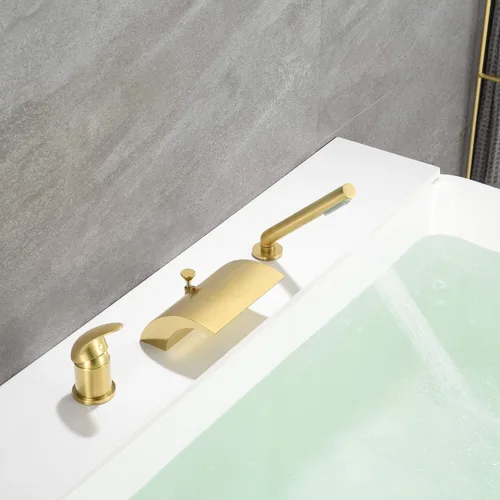 Miniatura 5 de sumerain Grifo de bañera romana de 3 agujeros con ducha de mano, llenador de bañera de cascada de una sola manija de alto flujo con acabado dorado