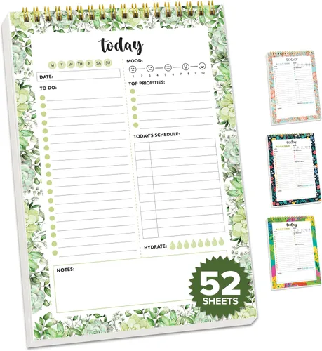 Decorably Bloc de notas de lista de tareas diarias sin fecha de 52 hojas con rastreador de agua, bloc de agenda con resorte de 6.5 x 10 pulgadas,