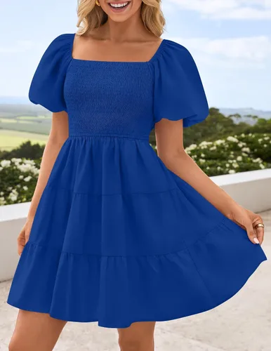 Miniatura 2 de ZESICA Mini vestido corto de verano bohemio 2025 con cuello cuadrado, manga abombada, hombros descubiertos, fruncido, escalonado, casual