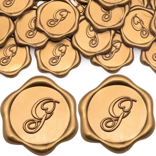Miniatura 9 de SWANGSA Paquete de 50 calcomanías de sello de cera de letra A, diseño de corazón dorado antiguo, calcomanías de cera inicial para boda, fiesta