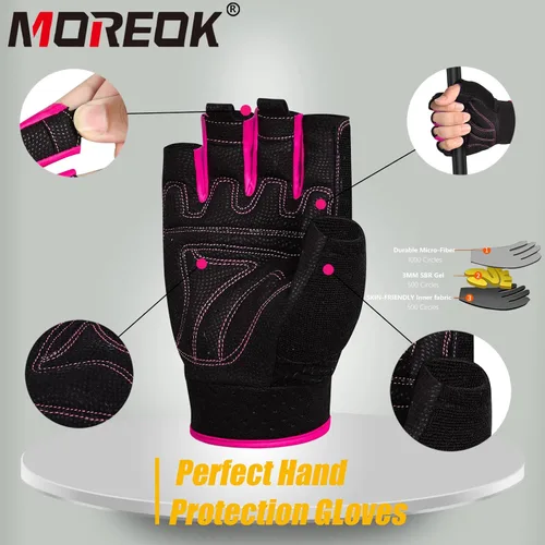Miniatura 4 de Guantes de entrenamiento MOREOK con acolchado para levantamiento de pesas para hombres/mujeres, [Gel de 3MM] guantes sin dedos de agarre para Rosa