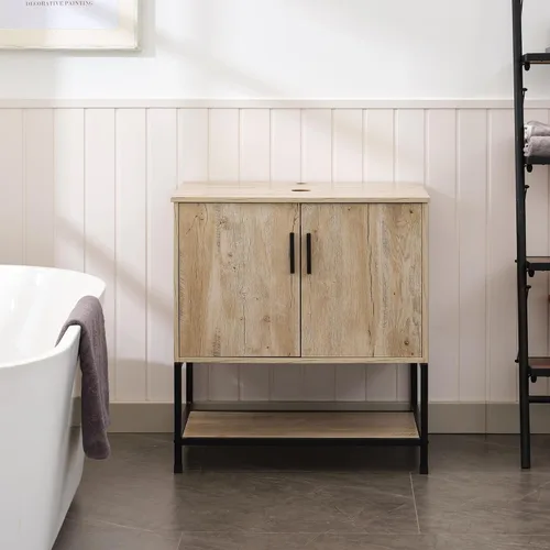 Miniatura 27 de UEV Tocador de Baño de Roble Rústico de 24" con Lavabo, Conjunto de Gabinete de Baño con Marco de Hierro Industrial con Puertas y Estante, con Combo