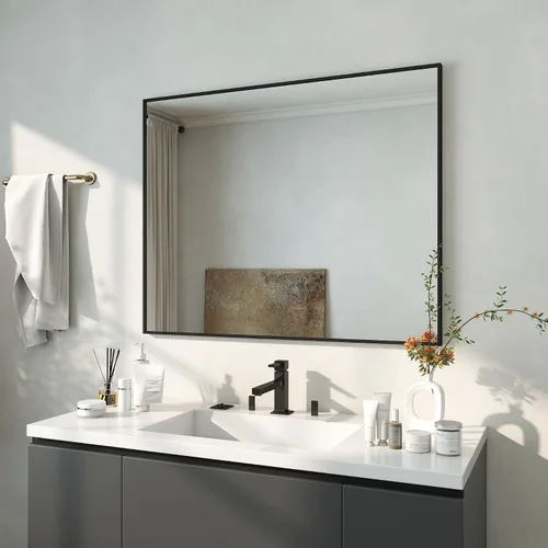 Miniatura 9 de Espejo de baño con marco de metal negro mate, espejo rectangular de tocador de 55 x 36 pulgadas, espejo de pared rectangular grande, antioxidante