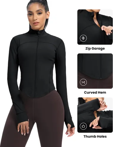 Miniatura 43 de AVGO Chaquetas de entrenamiento recortadas para mujer, con cremallera, ajustadas, atléticas, con agujeros para el pulgar