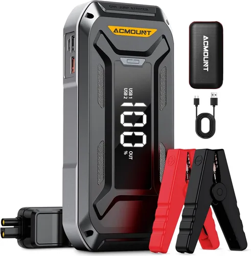 Acmount P120 Arrancador de Batería de Coche Portátil, Arrancador de Puente de Coche de 6000A 12V con Caja de Salto (Todo Gas/10.0L Diésel), Pantalla