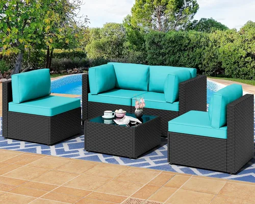 Miniatura 10 de Shintenchi - Juego de 5 piezas de sofá seccional para patio al aire libre, juegos de muebles de mimbre PE, juegos de conversación para patio