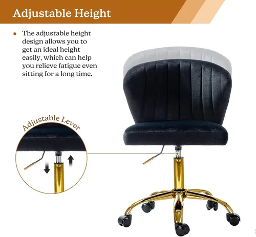 Miniatura 3 de TINA'S HOME Sillas de escritorio de oficina con ruedas y base dorada, moderna silla de oficina sin brazos de terciopelo, silla giratoria ajustable