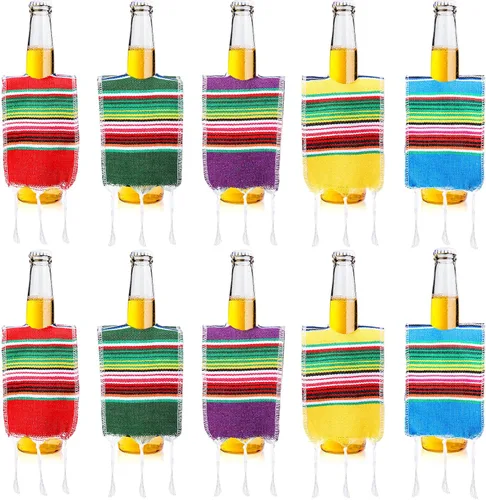 Irenare 10 piezas de poncho de cerveza mini serapes cubiertas para botellas de Cinco de Mayo, mini tequila, multicolor, surtido, ponchos mexicanos