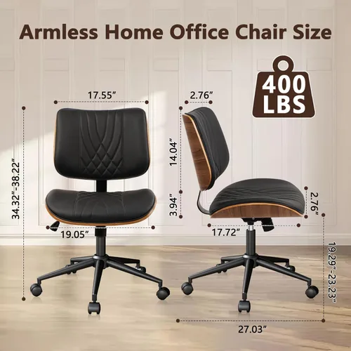 Miniatura 2 de CLATINA Silla de oficina en casa sin brazos, silla de escritorio con ruedas, silla de lectura de altura ajustable, respaldo medio de cuero y silla