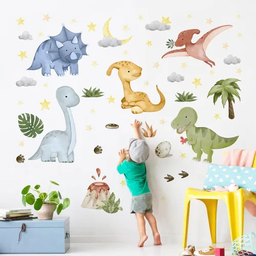 Miniatura 8 de Yovkky Adhesivos de pared de dragón bebé, calcomanías de castillo de acuarela, pino, nube, luna, estrellas, decoración neutra para vivero de niños