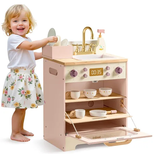 Miniatura 7 de ROBUD Juego de lavavajillas de madera, juego de cocina de juguete, lavavajillas de juguete para niños, juguete de cocina con cestas de Rosa