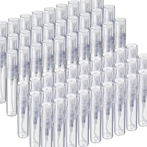 Miniatura 10 de Fandamei Mini botella de spray, 60 botellas de plástico transparente de 2ml (0.068 fl oz) vacías, mini botella de perfume recargable de niebla fina.