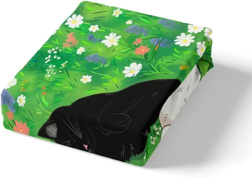 Miniatura 4 de Funda de edredón de gatos negros y blancos, juego de ropa de cama verde para niños, bonita funda de edredón de gatos para decoración de habitación