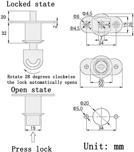 Miniatura 4 de Cerradura de émbolo de empuje de 1.260 in de longitud cilíndrica para gabinete deslizante (paquete de 2)