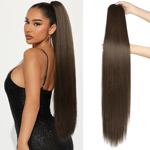 Miniatura 11 de SEIKEA Extensiones de cola de caballo con cordón, larga y recta, cola de caballo falsa, natural, suave, extensiones de cabello sintético resistente