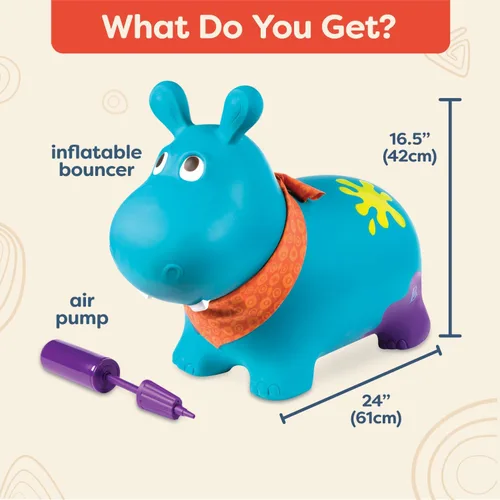 Miniatura 6 de B. toys – Hipopótamo hinchable Bouncy Boing para montar con bomba de aire incluida – Hankypants – Divertido juguete saltarín para niños de 18 meses