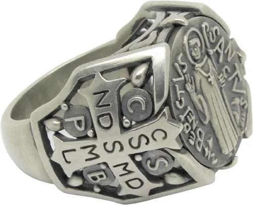 Miniatura 7 de St Benedict christian catholic ancient Sterling Silver 925 medal mens ring, Exorcism