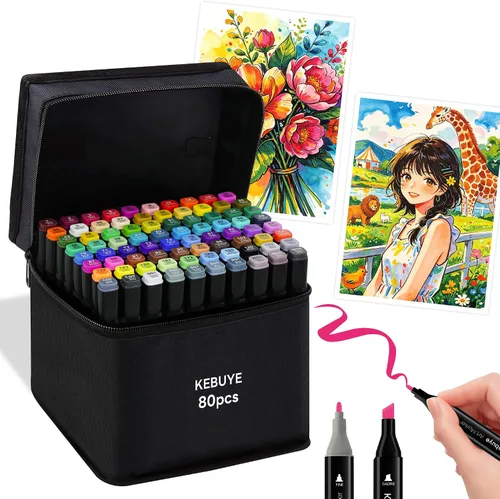 Kebuye Juego de marcadores de alcohol de 80 colores, marcadores de doble punta para dibujar bocetos, colorear bolígrafos y subrayar, marcadores de