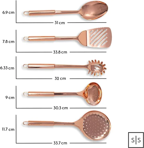 Miniatura 7 de Juego de utensilios de cocina de cobre – 5 piezas de acero inoxidable de oro rosa para cocinar y servir, incluye cucharón, cuchara, tenedor