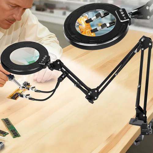 Lupa de 12 veces con luz y soporte, brazo oscilante de 3 secciones ultradelgado, lupa iluminada para manos que ayudan, lámpara de escritorio LED de