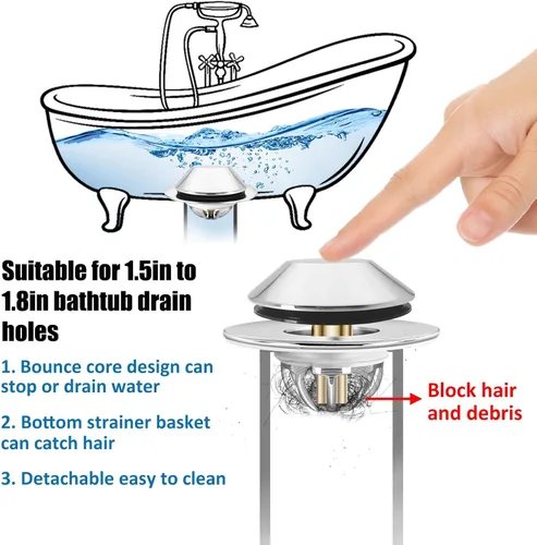 Miniatura 2 de Anlige Tapón de Drenaje de Bañera, Tapón Emergente de Tina con Captura de Pelos en el Fondo, Tapón y Cubierta de Bañera con Colador, Universal